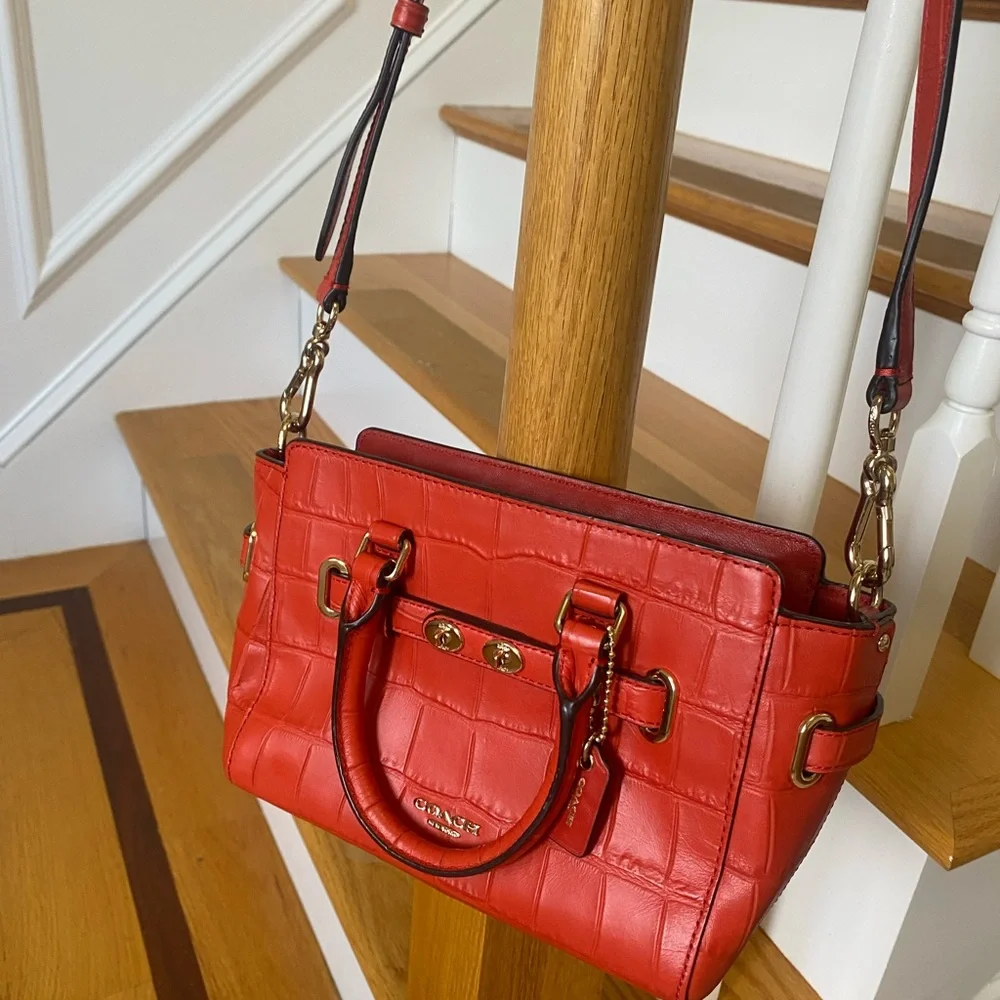 Coach Red Coral Croc-Embossed Leather Bag with Crossbody Strap